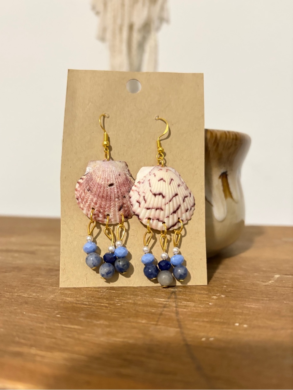 Bohemian Gold Calico Scallop Shell Drop Aura Earrings with Blue Beads ~ Handmade - Picture 2 of 2